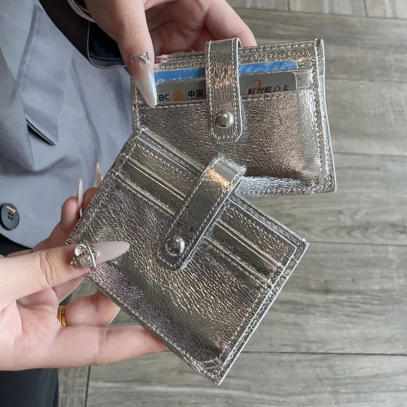 New Fashion Silver Genuine Leather Card Bag Multi-card Slot Ultra-thin Card Holder Bank Credit ID Bag Mini Cute Wallet for Women