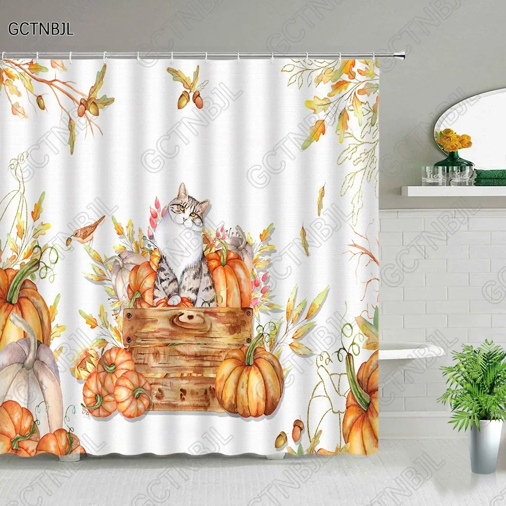 Red Maple Deciduous Leaves Shower Curtains Autumn Scenery Cute Cat Pumpkin Fall Natural Landscape Bathroom Decor Fabric Curtains