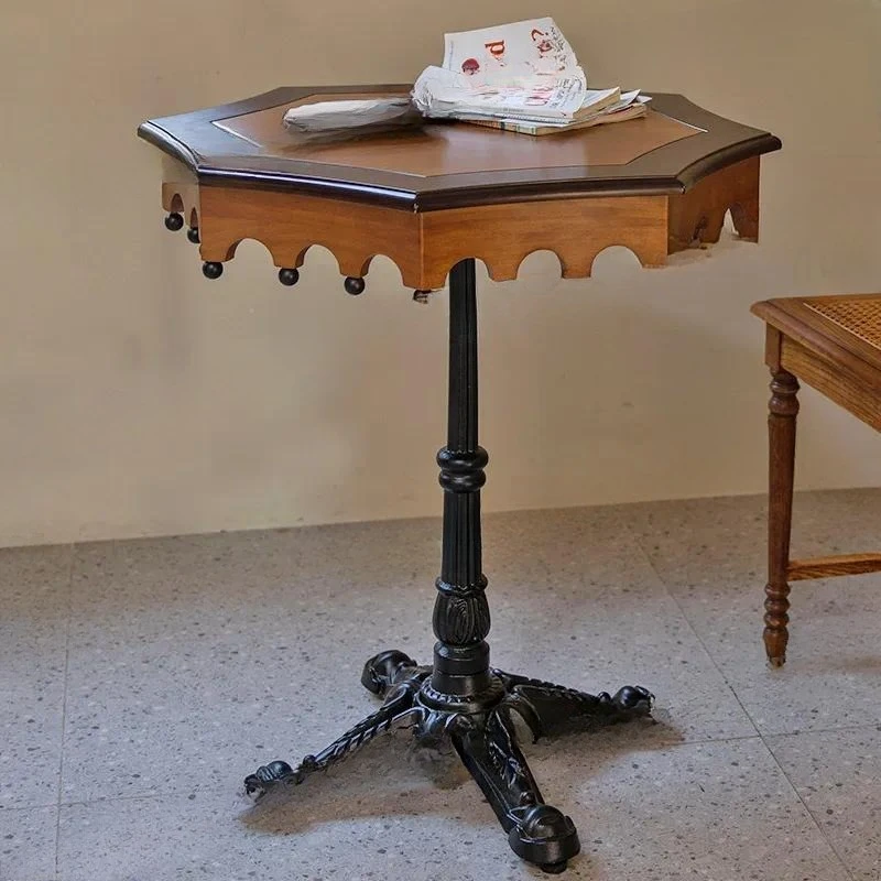 Retro Solid Wood Polygon Side Table Creative French Style Small Coffee Table for Living Room Balcony Apartment Home Decor