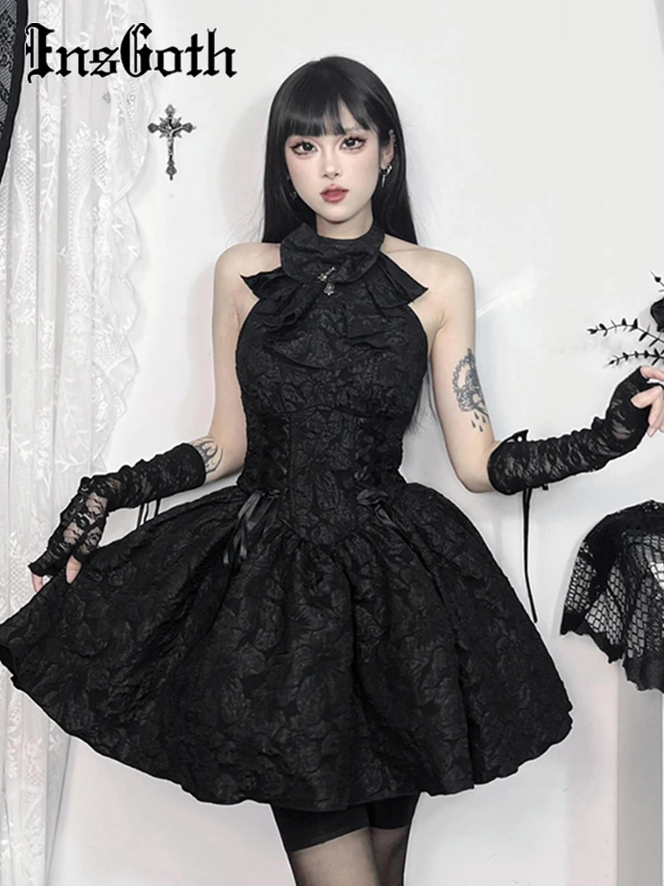 

InsGoth Gothic Bow Neck Ball Gown Halter Dress Women Punk Harajuku E Girl Aesthetic Backless Sleeveless A Line Tank Dress