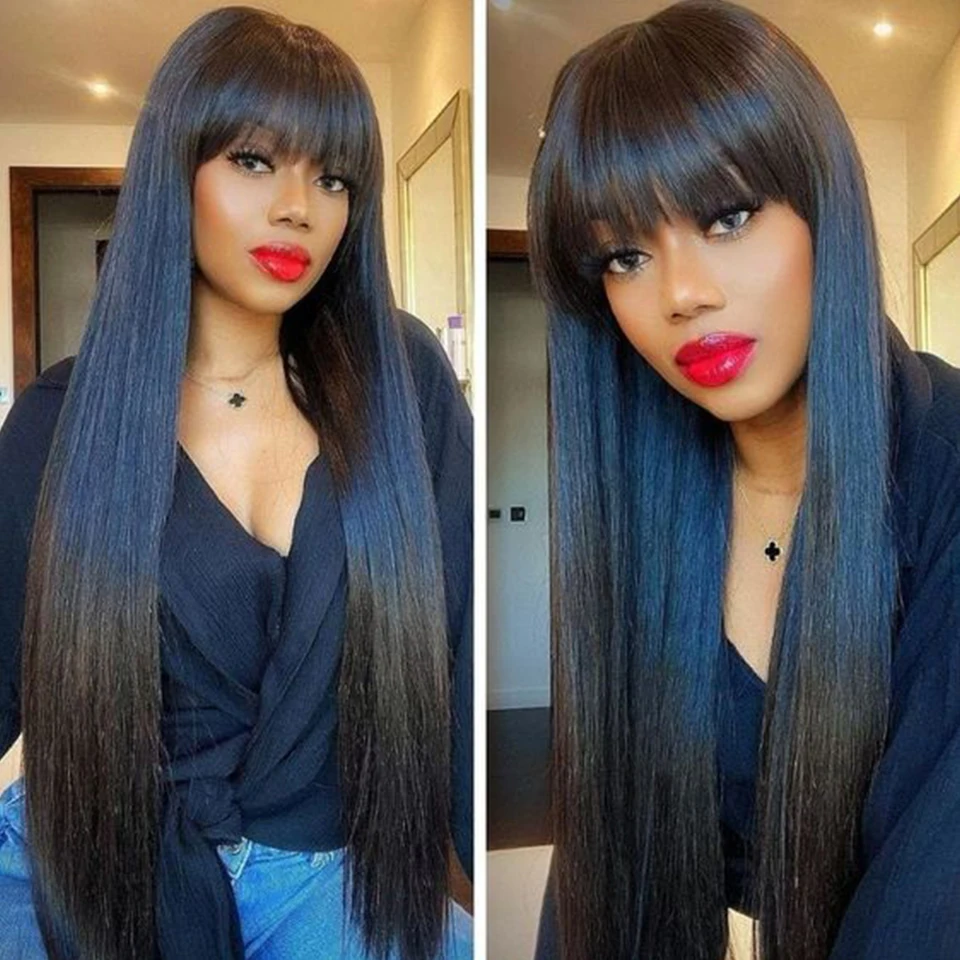 

Straight Human Hair Wigs With Bangs Natural Black Color 100% Remy Indian Long Human Hair Wigs Full Machine Wig For Women