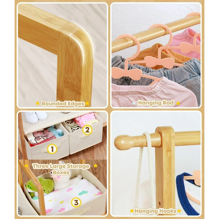 Bamboo Clothing Rack with Triple Hanging Poles for Child Dress Up and Costume Storage Compact Garment Rack with 3 Adjustable St