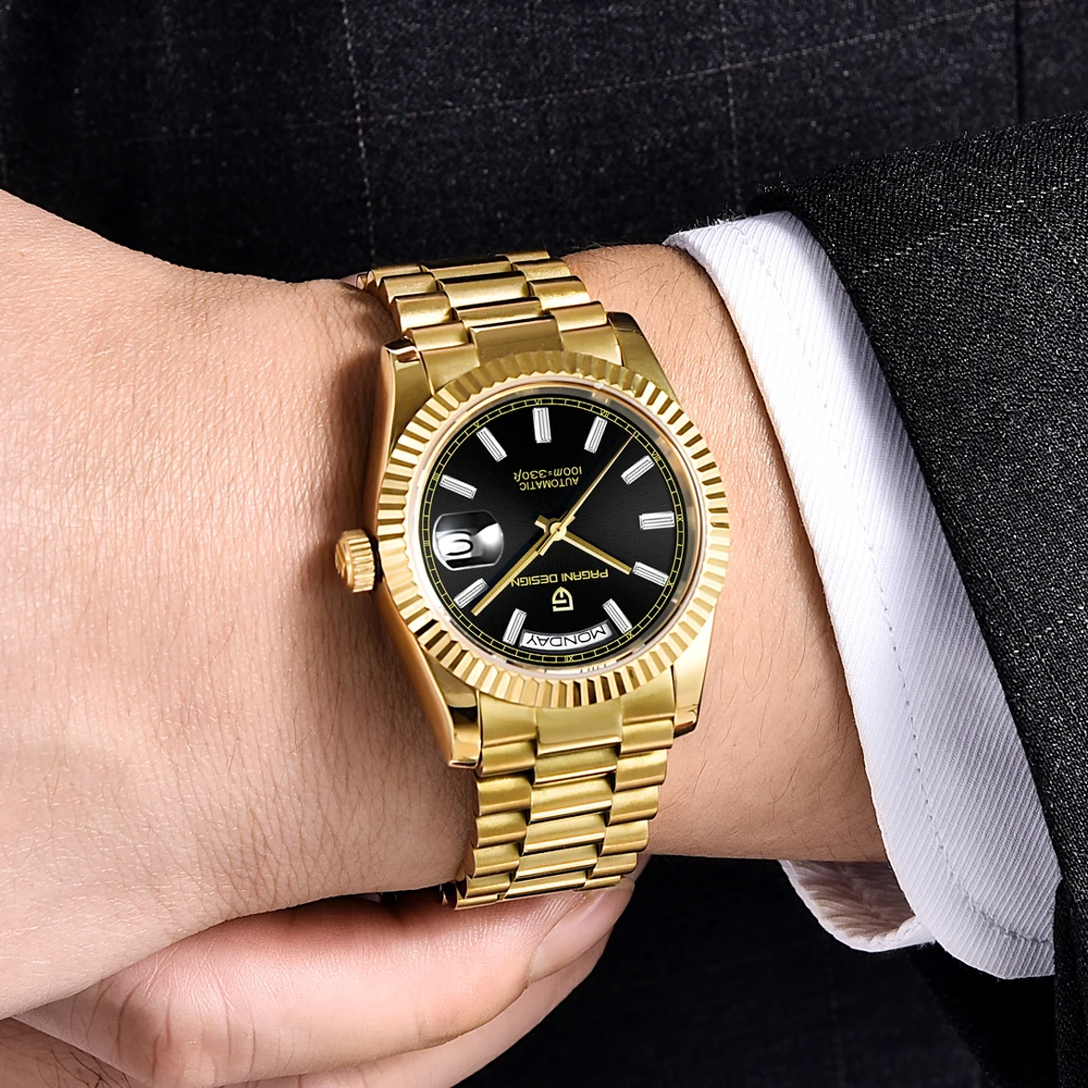 PAGANI DESIGN Orologio da uomo meccanico di lusso dorato Orologio da uomo impermeabile in cristallo di zaffiro AR Acciaio inossidabile 36mm Movimento ST16