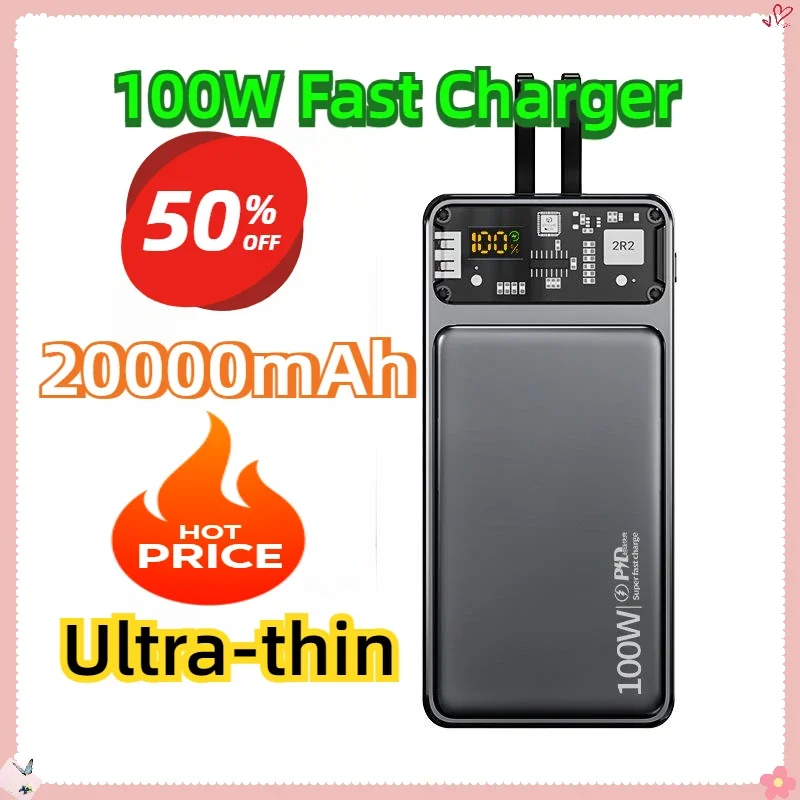 

With Cable Spare External Battery for Iphone Huawei Xiaomi 20000mAh Large Capacity Power Bank Ultra-thin 100W Fast Charger