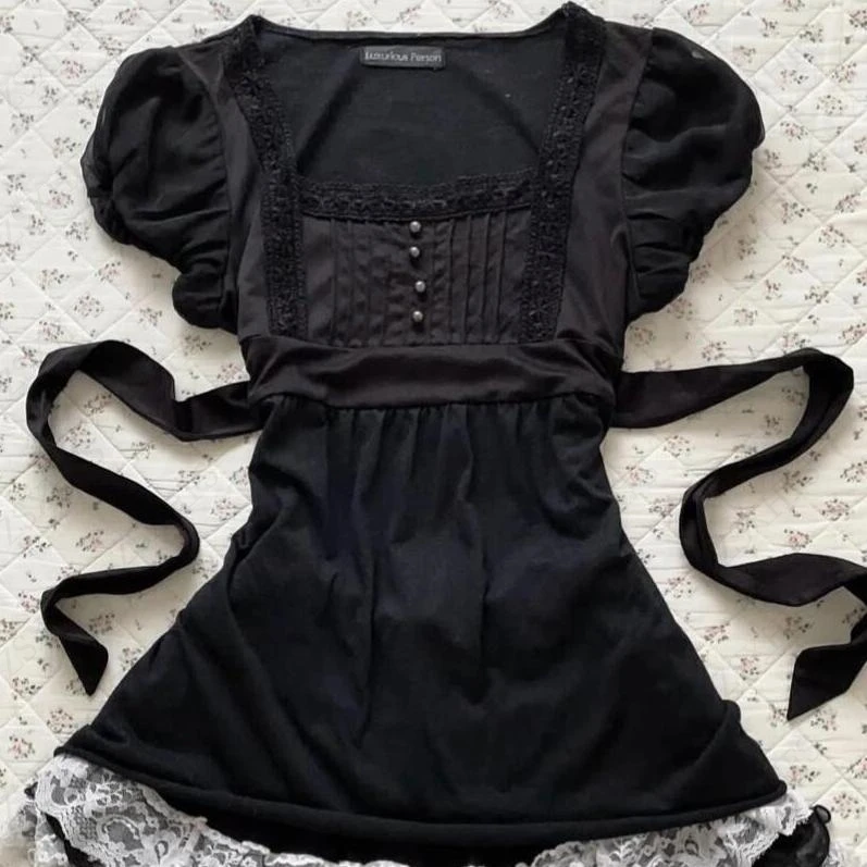 Gentle Sexy Dark Subculture 2000s T Shirts Summer Gothic Harajuku Aesthetic Short Sleeve Femme Slim Girdling Waist Lace T Shirts
