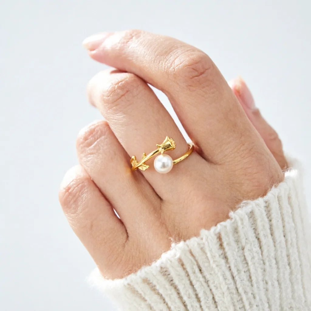 

JY ZuBo Rose Pearl Ring Aurora Round White Pearl Elegant Jewelry for Women Wedding Birthday Party Valentine's Day Gift with Box