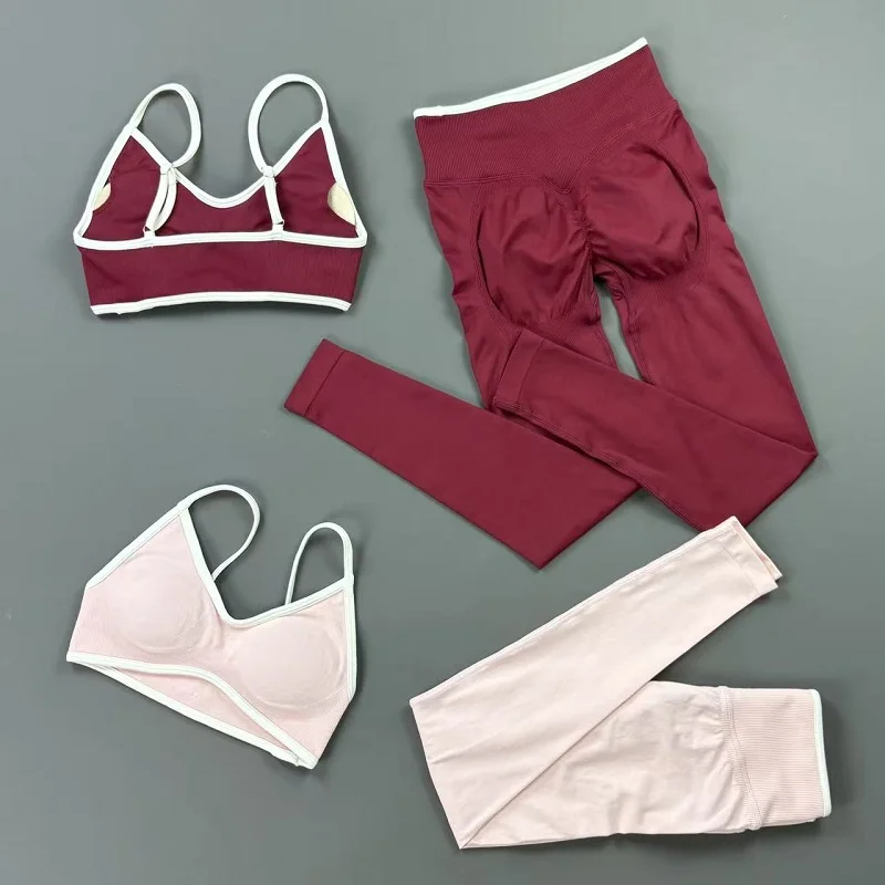 Seamless Sports Sculpt Scrunch Leggings Sets Women Breathable Contrast Bra Butt Lift Yoga Pants Suit Gym Workout Fitness Set