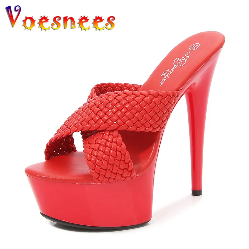 New Brand Women Slippers 15CM Summer Thin High Heels Pumps Black Fashion Weave Sandals Plus Size Europe And America Ladies Shoes