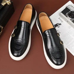 New Black Men's Vulcanize Shoes Brown Slip-On Sneakers Double Buckle Monk Shoes  Handmade Men Shoes  Size 38-45