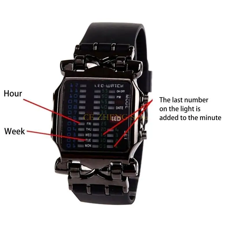 E56B Business-Armbanduhr mit Leucht-/Knopffunktion, binäre rechteckige Uhr für Herren