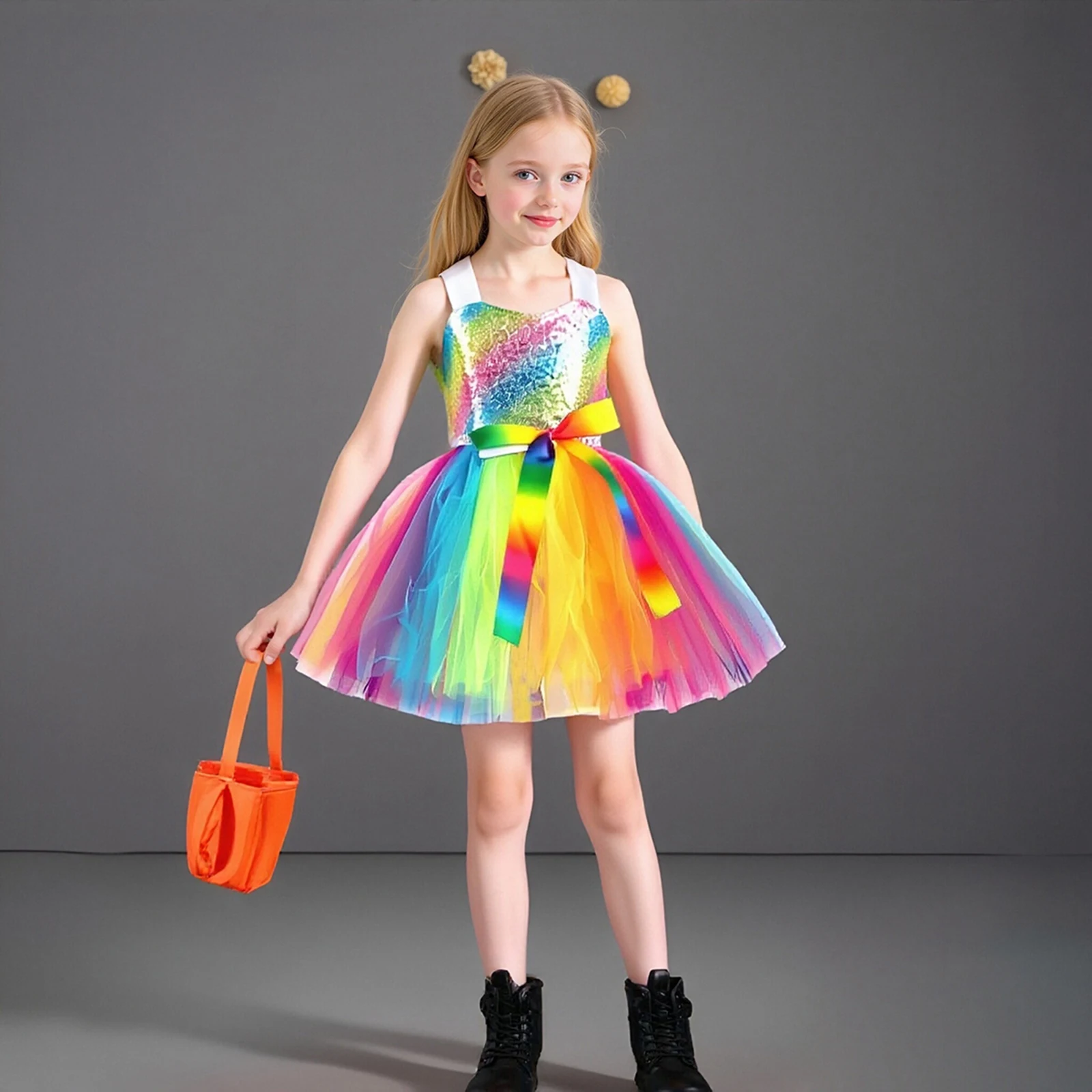 2-12Y Girl Halloween Costume Rainbow Sequin Sleeveless Tulle Patchwork Dress with Bow Hair Tie Cosplay Clothes