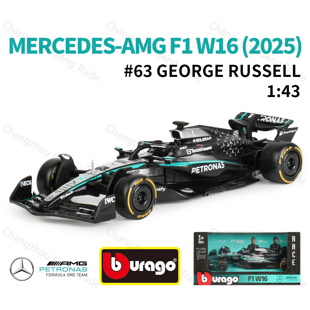Bburago 1:43 Mercedes-AMG 2025 W16 E الأداء # 63 # 12 F1 Formula Car Die Cast Vehicles ألعاب سباق نموذجية قابلة للجمع #1