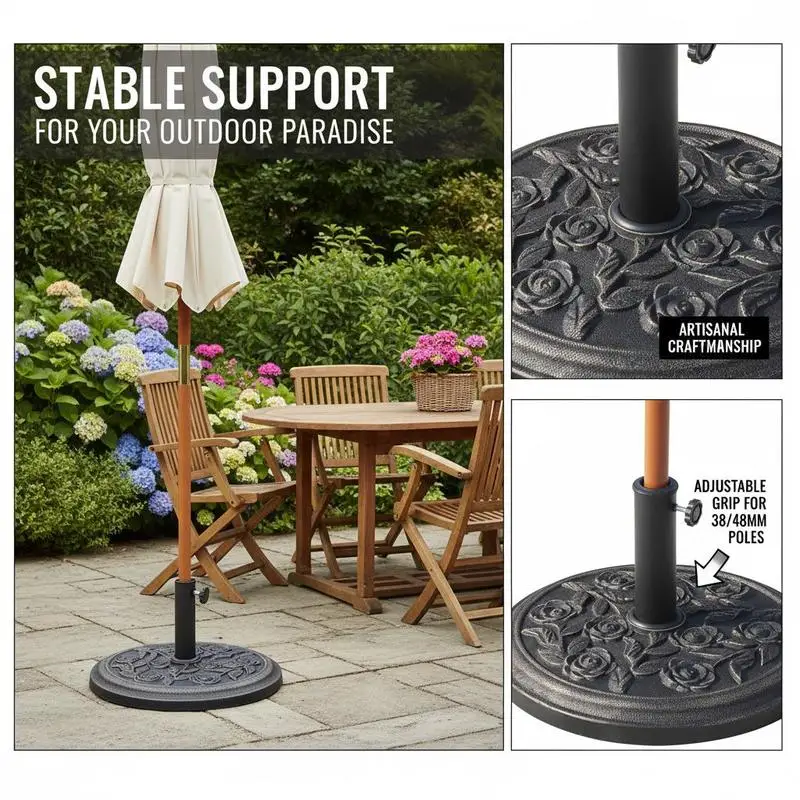 

9kg Garden Parasol Base, Round Resin Cast Iron Effect Sun Umbrella Base, Outdoor Umbrella Stand for 38mm or 48mm Outdoor Umbrella Poles, Bronze Tone