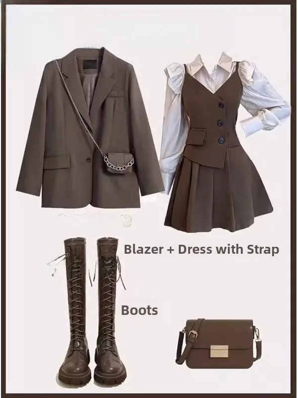 Autunno Nuovo Plus Size Donna Vintage Sle Tee Piece Set con abito Jaet Base irt e Slim Dr Casual Faion Ensemble