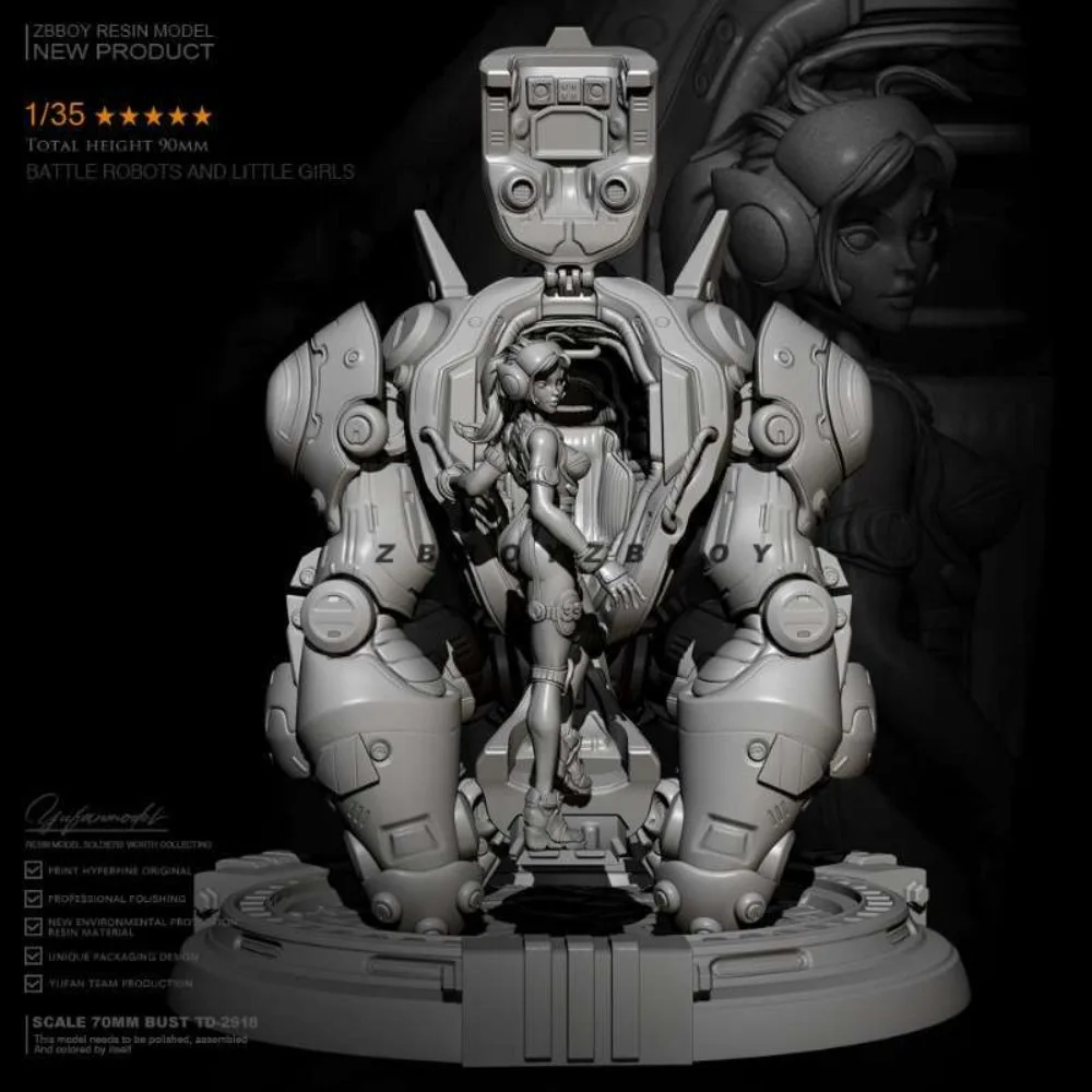 1/35 The Robot and The Little Girl Resin Figurine White Model Self-assembly 3D Printed DIY Coloring Miniatures Decoration Crafts