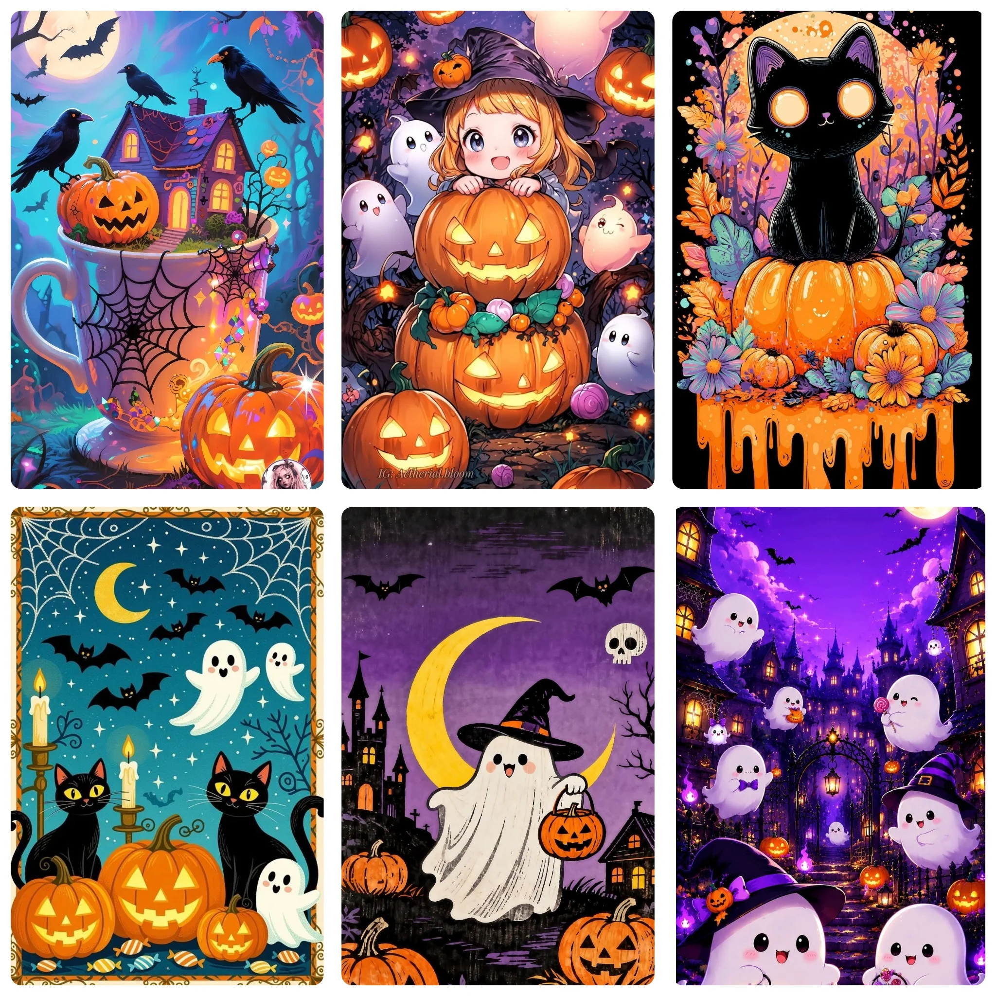 DIY Cute Halloween Diamond Painting, Whimsical Festival Art With Pumpkin Lantern Ghost Black Cat for Living Room Decor & Gift