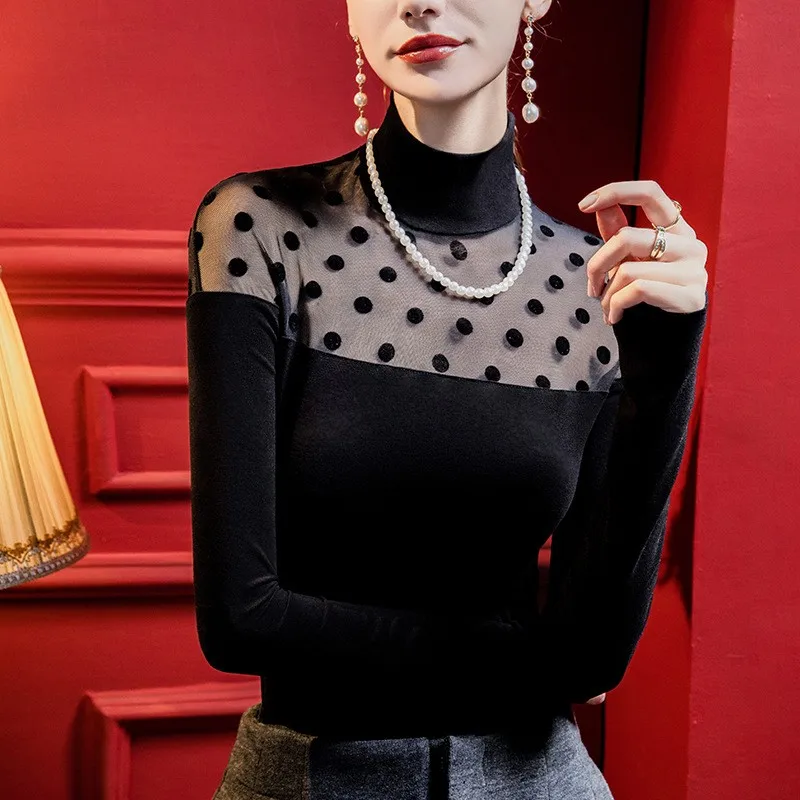 

Зимние женские топы с высоким воротником и длинными рукавами, облегающие блузки для женщин, на флисовой подкладке, с кружевными вставками, обтягивающие топы в горошек из бархата