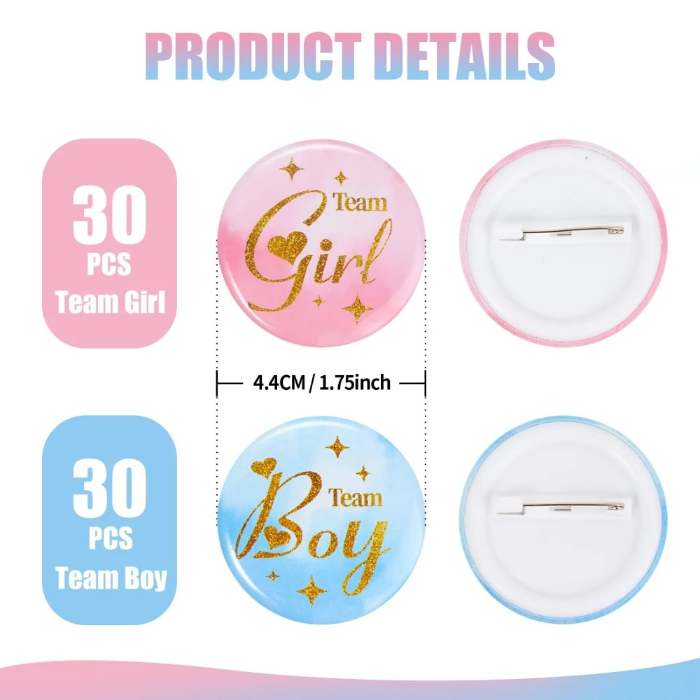 60 Stück Gender-Reveal-Pins 4,4 cm – Team Junge oder Mädchen Gender-Reveal-Anstecknadeln – Partygeschenk, Spieldekoration, kreative Party – Detail 2