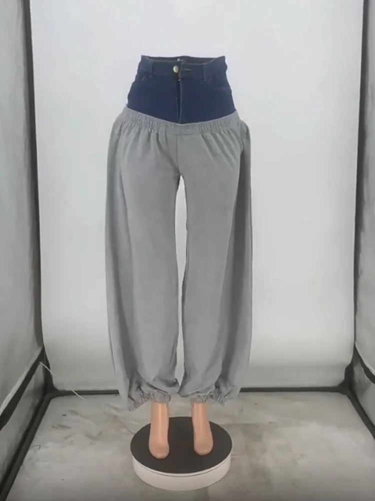 

Sister Star Fashion Casual Women Denim Splicing Highwaisted Sweatpants Wholesale Zipper Loose Hundred Street Hipster Harem Pants