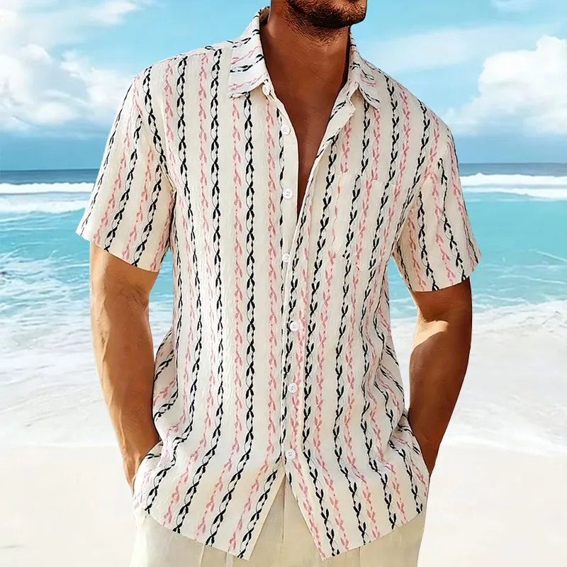 Men's Summer Vacation Hawaii Style Knitted Short Sleeve Striped Shirt Standard Fit Printed Polyester Blend Comfortable Beachwear