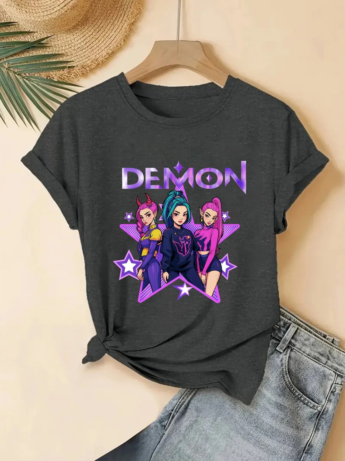 

Женская футболка K-Pop с изображением демона, фиолетовая футболка с круглым вырезом и принтом дьявола, повседневная, удобная, мягкая, дышащая, всесезонные