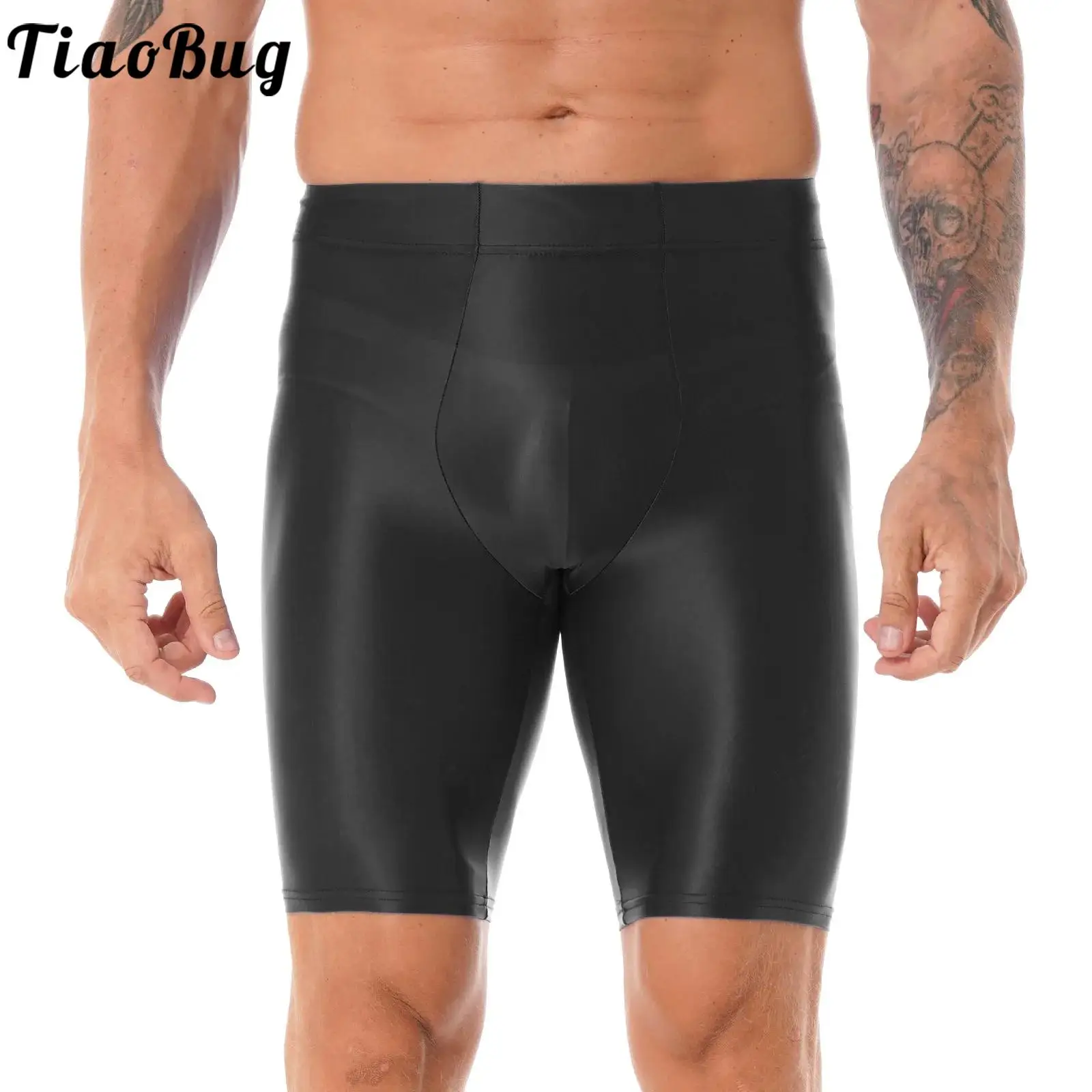 

Mens Glossy Shiny Solid Color Shorts Swimwear Fitness Climbing Sport Gym Breathable Good Stretchy Elastic Waist Short Leggings