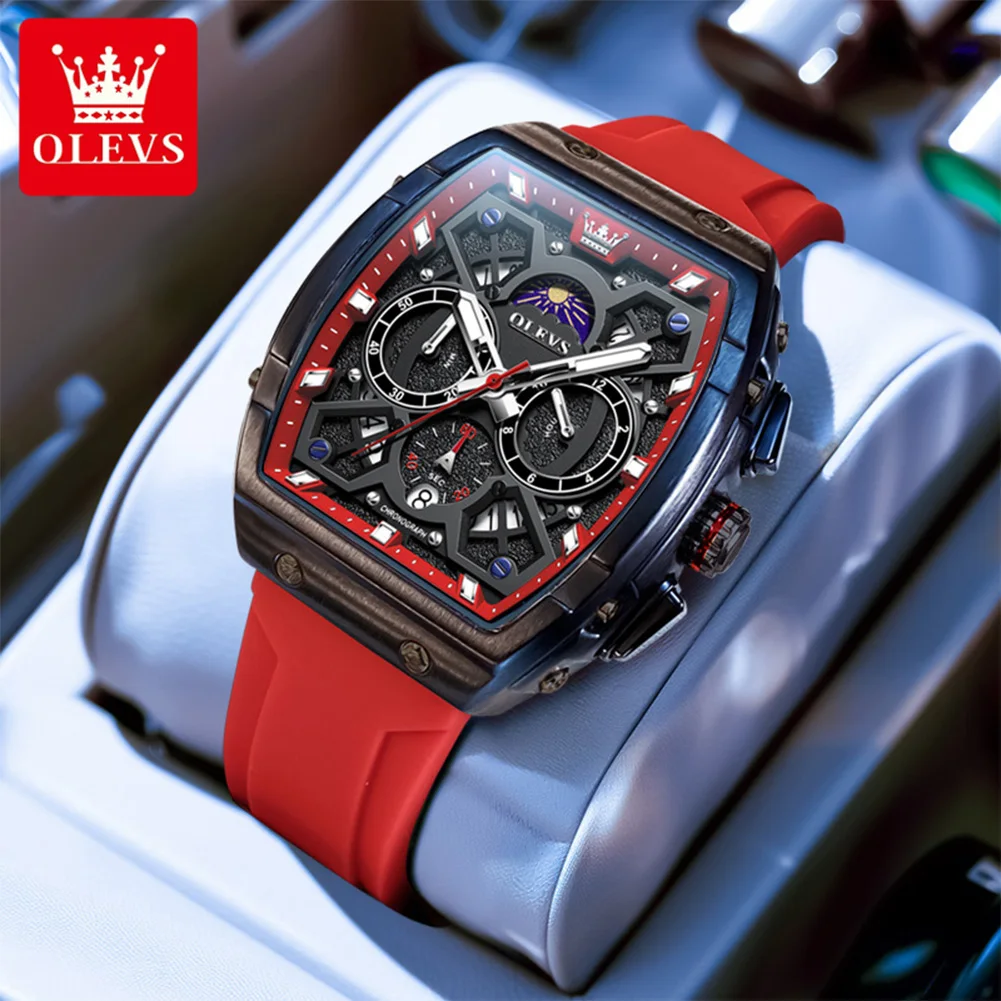 OLEVS 2942 Fashion Quartz Movement Men Watch Moon Phase Dial Night Light Function 30m Waterproof Sport Style Single Calendar Window Watch