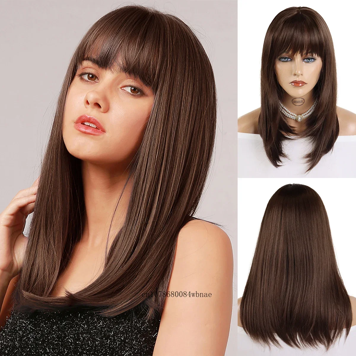 

Natural Brown Synthetic Wig with Bangs Straight Medium Long Hair for Women Fashion Lady Shoulder Length Wigs Daily Party Costume