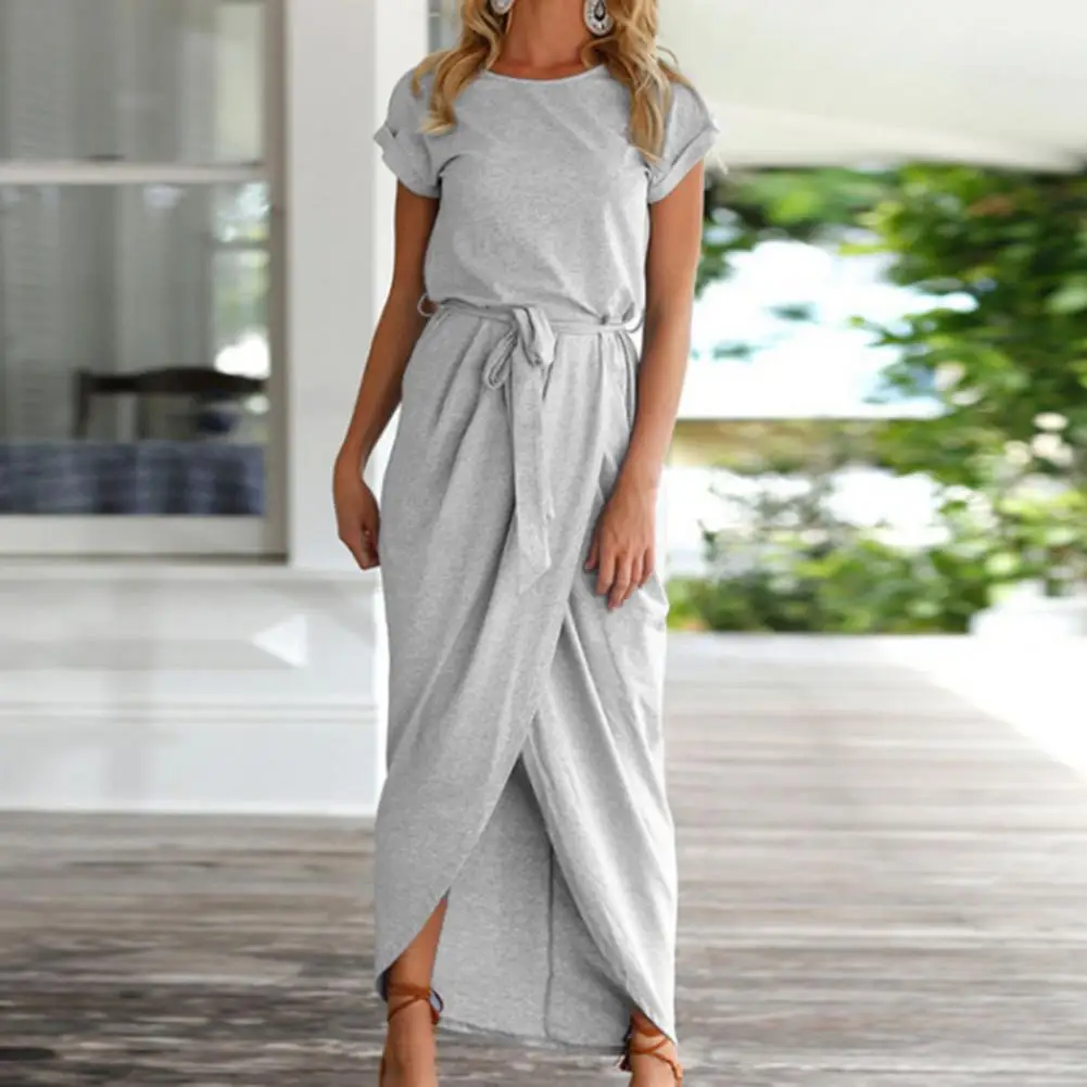 

Short Sleeve Women Dress Solid Color All Match Irregular Hem Front Split Maxi Dress Sundress Ladies Party Dresses Female Robe