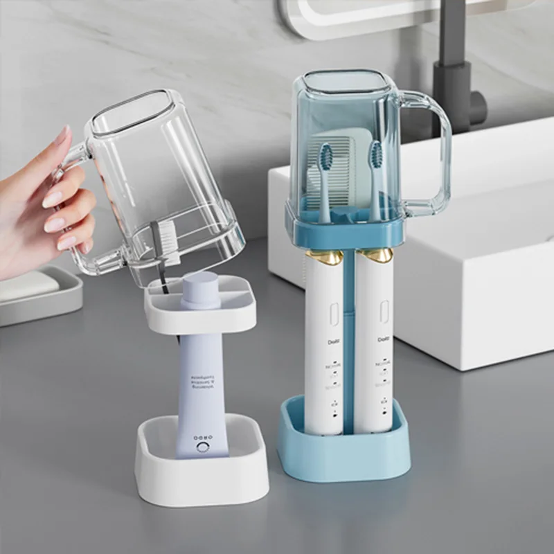 Soporte para cepillos de dientes de baño con exprimidor de pasta de dientes, organizador de montaje en pared 6 en 1 para cepillos eléctricos, tazas, almacenamiento con ventosa