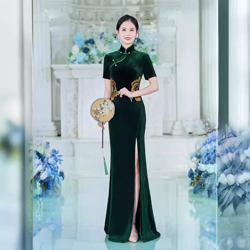 

Walking Show Flag 2024 New Gold Velvet Long Performance Dress Mermaid Slimming Chinese Style Dress Cheongsam