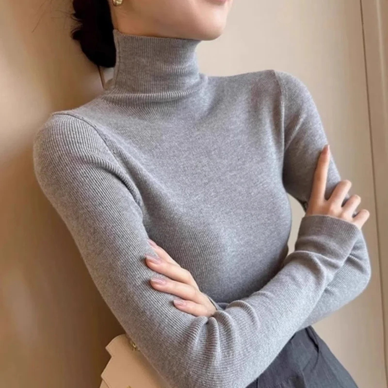 Autumn Winter New Solid Color Turtleneck Long Sleeve Sweater Women High Street Casual Slim Pullovers Elegant All-match Tops