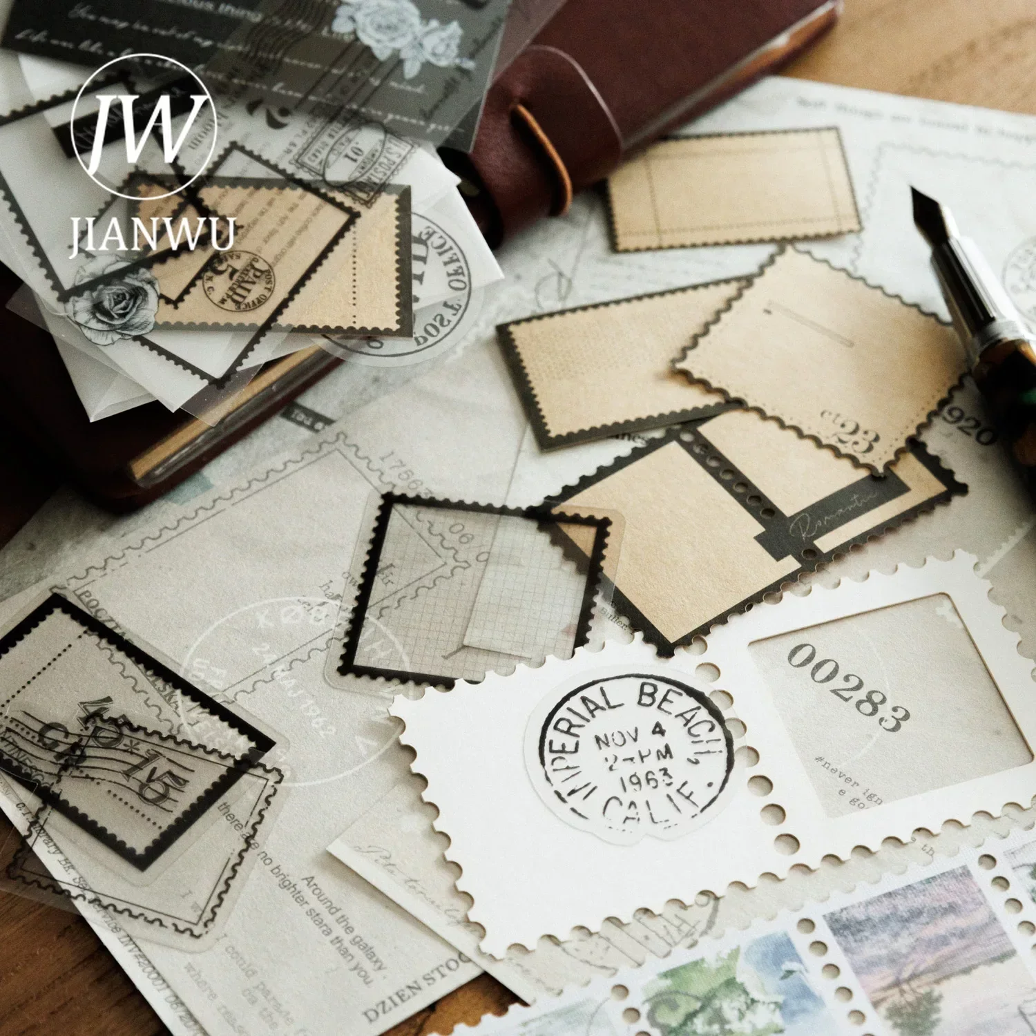 JIANWU 100 Sheets Memorial Post Office Series Vintage Stamp Label Decor Material Pack Creative DIY Journal Collage Stationery