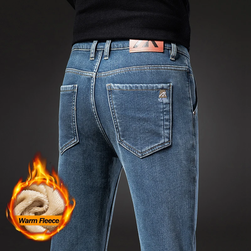 Velo quente inverno calças de brim masculinas alta qualidade conforto elástico em linha reta pelúcia veludo engrossado calças jeans moda coreana