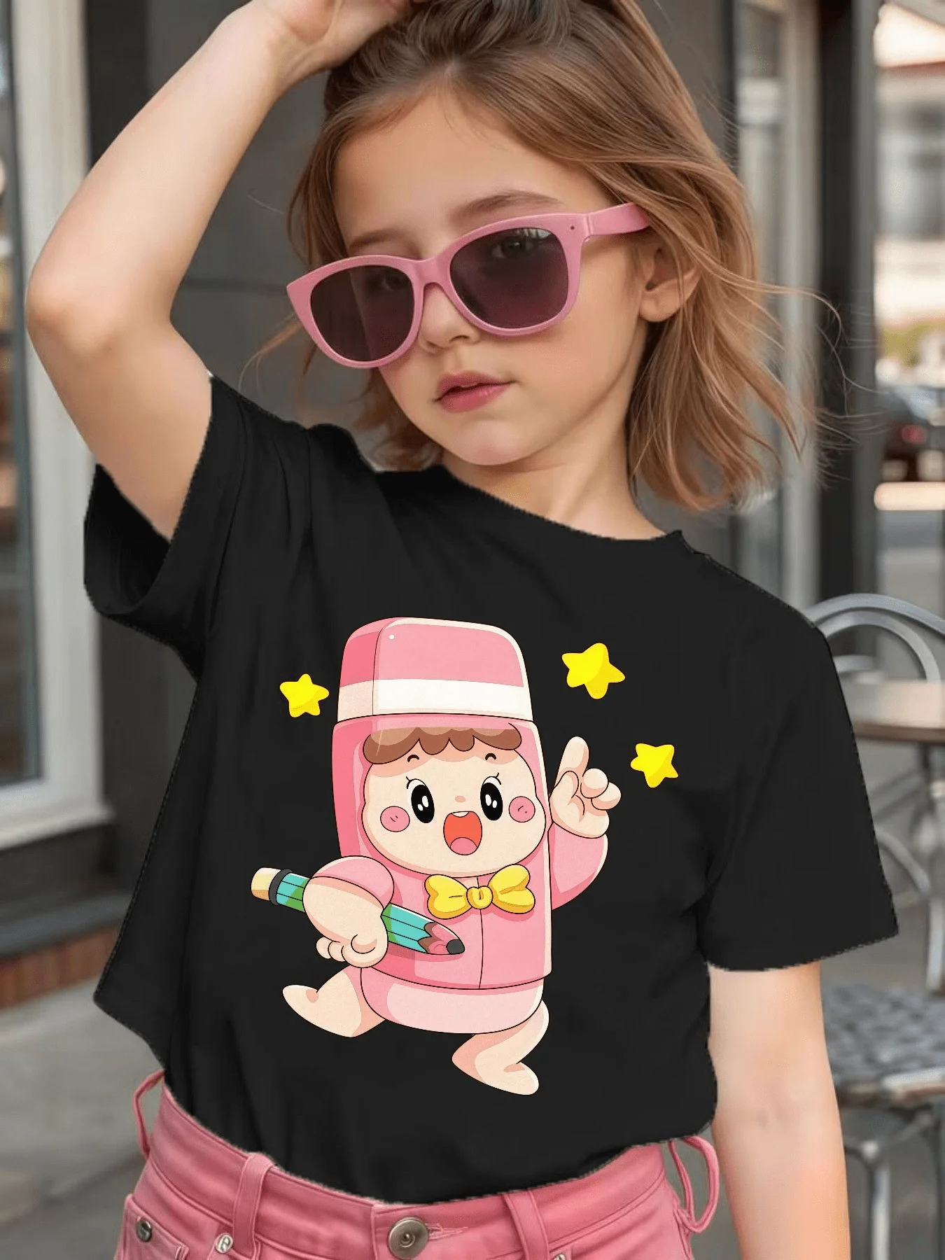 Cute Eraser Doll Pencil Star Cartoon Graphic Kids Tee Boys Girls Family Matching Cotton Crew Neck Short Sleeve Soft Summer Tee