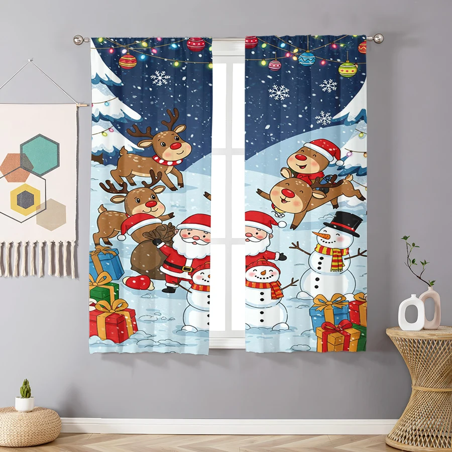 2PCS Christmas Winter Curtains, Cartoon Santa Reindeer Snowman, Digital Print, Bedroom Living Room, Home Decor Window Drapes