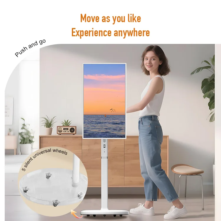 AI 32inch 1080P Portable Smart Touch Screen Android13 Mobile Mini Standing Portable TV With Battery And Wheels For Gaming