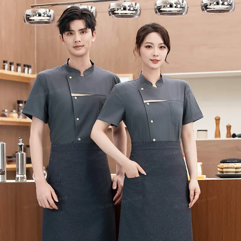 Men Restaurant Kitchen Chef coatChef short sleeve uniform Breathable Mesh Chef Jacket with apron black  women work clothes logo