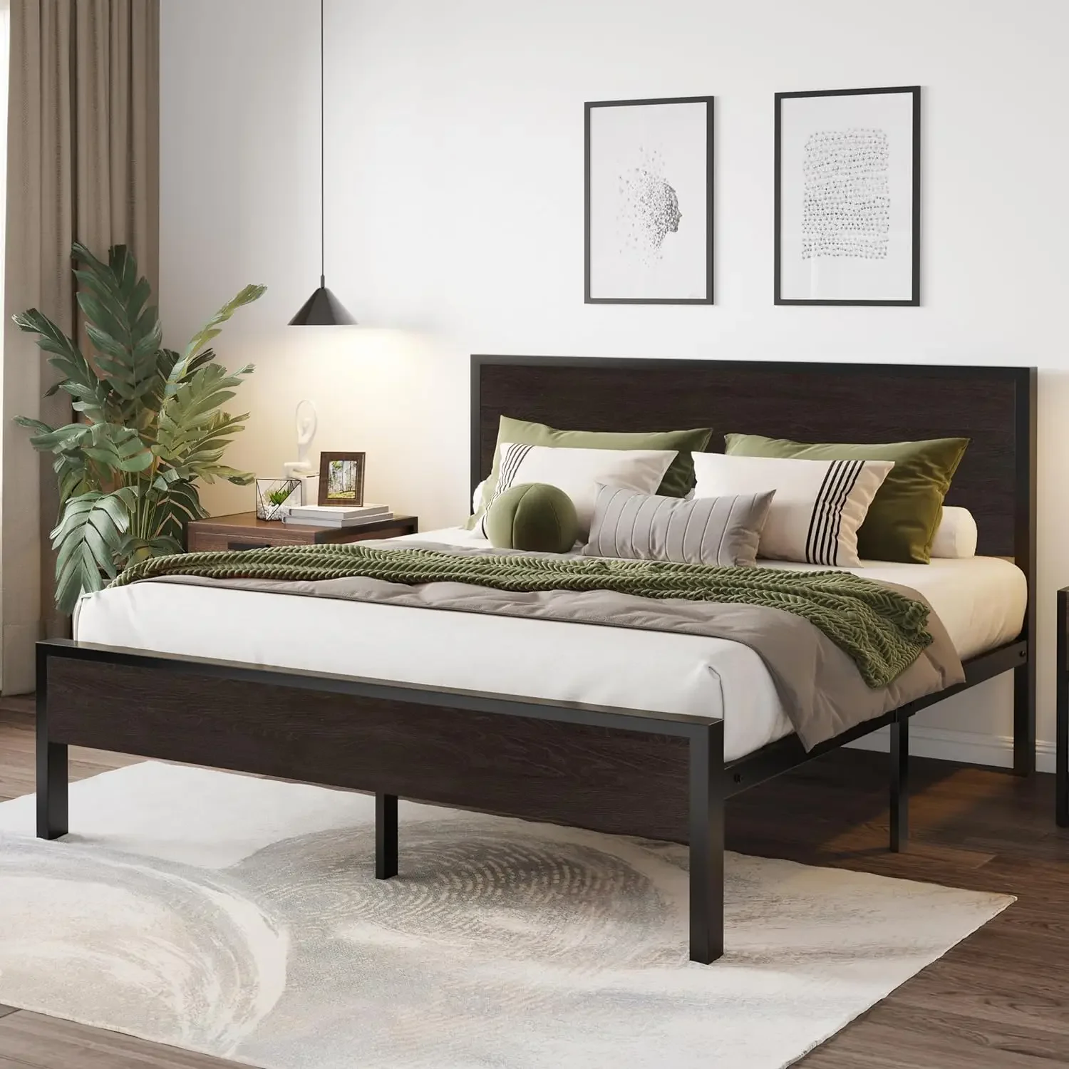 SHA CERLIN Queen Bed Frame with Headboard, Heavy Duty Platform Bed with Under-Bed Storage, Solid Metal Construction, No Box S