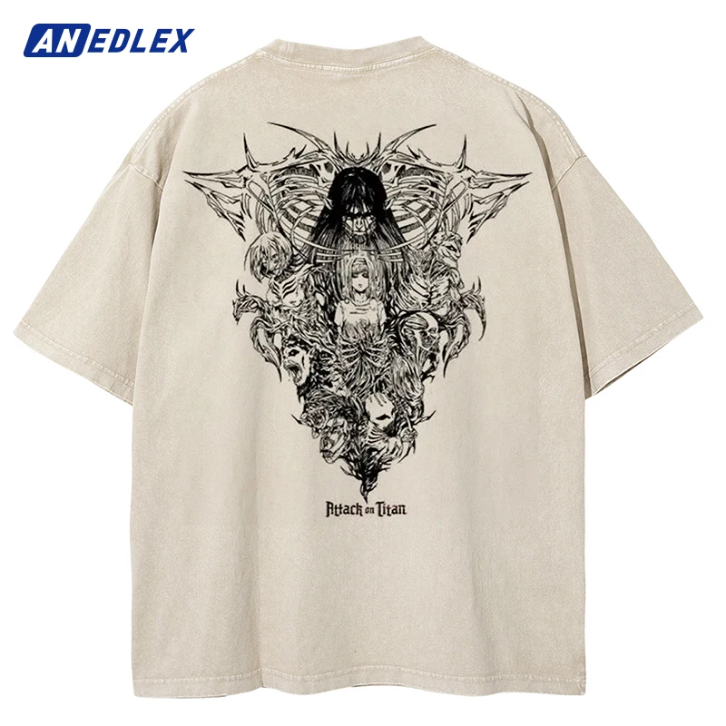 Hip Hop Streetwear Men Anime Graphic Print T-Shirt Summer Oversize Vintage Washed Apricot T Shirt Men Short Sleeve Tops Tees