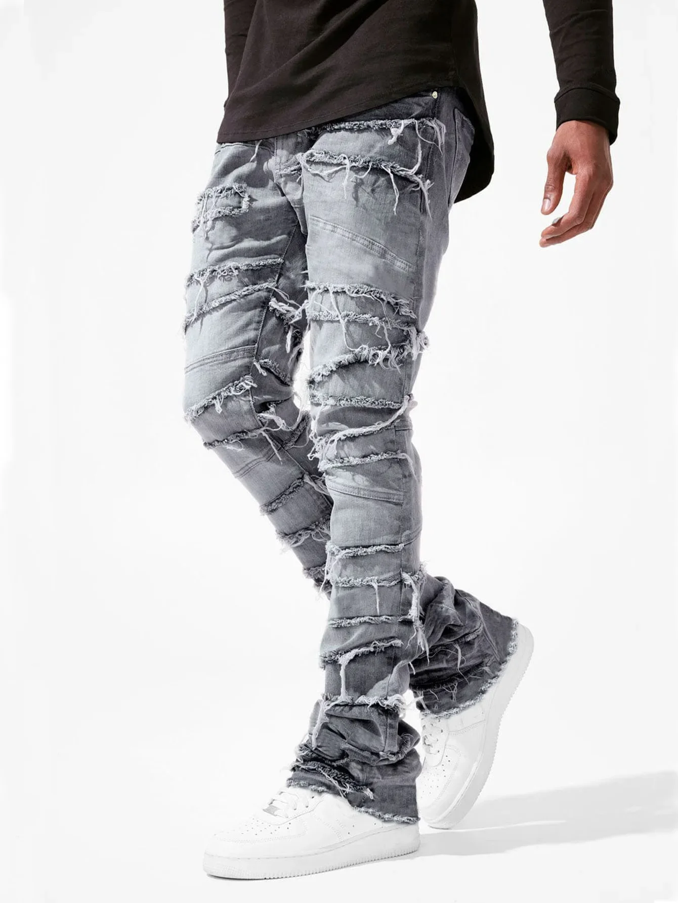 New Stacked Jeans Men Patchworks Spliced Denim Ripped Wash Frayed Pants Male's Streetwear