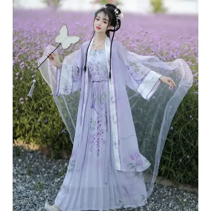 

New Chinese Style Women Hanfu Costume Purple Large Sleeve Coat Printed Pleated Skirt Elegant Ladies Evening Dresses 2025