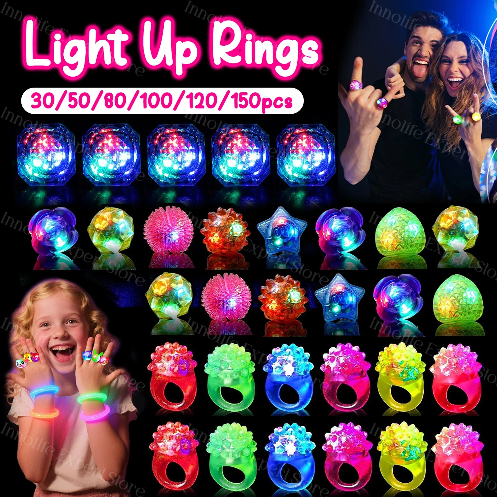 50-150 PCS Led Light Up Rings Grow in The Dark Party Supplies Diamond Ring for Birthday Bachelorette Weddings Goodie Bag Stuffer
