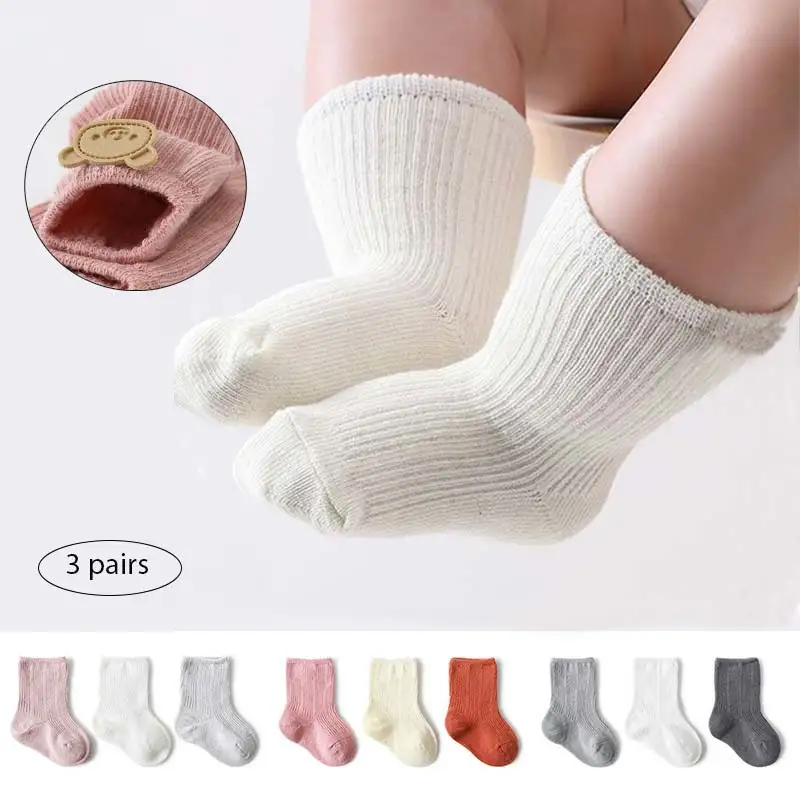 

3Pairs Solid Color Baby Short Socks Soft Breathable Toddler Cotton Sock 0-1Year Newborn Knit Calf Sock Boy Girl Infant Footwear