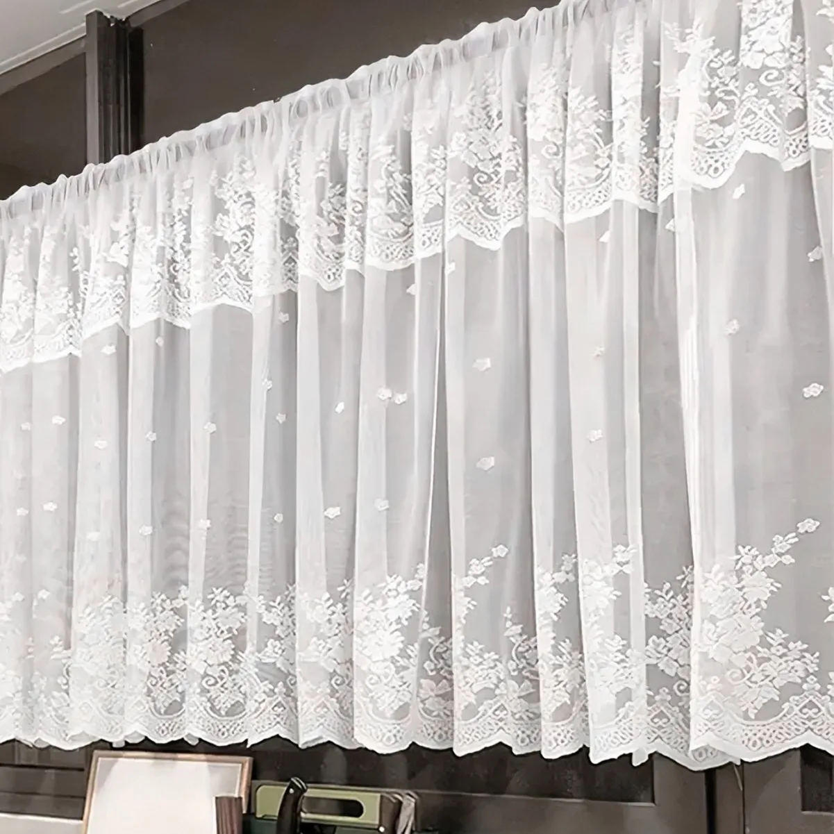Window Valance Double Row White Lace Sheer Short Curtains Floral Embroidery Rod Pocket Window Valances W200xL100 Cm French Style