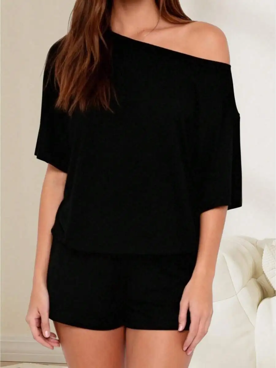 Women Summer Pajama Set Solid Off Shoulder Short Sleeve Top And Mini Shorts 2 Piece Lounge Outfit