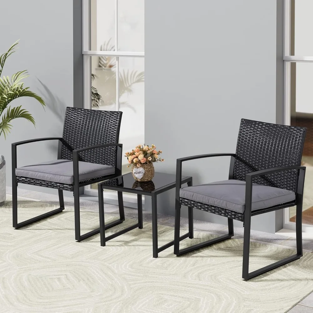 

3 Pieces Outdoor Patio Furniture Set, Modern Wicker Bistro Set, Conversation Rattan Chair of 2 with Coffee Table for Yard Porch