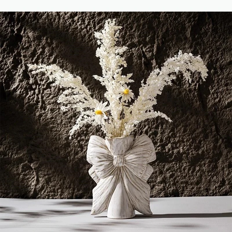 Ceramic Vase White Bow Ribbon Lovely Bouquet Shape Floral Arrangement Accessories Flower Vase Home Decoration Terrarium