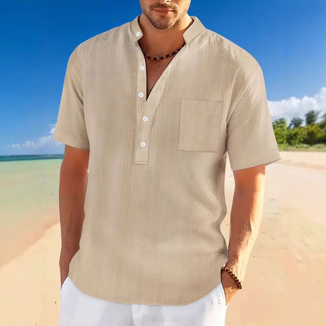 Men's Stand up Collar Bamboo Knot Imitation Linen Short Sleeve Casual Jacquard Henley Shirt Loose Fit 2025 New Style
