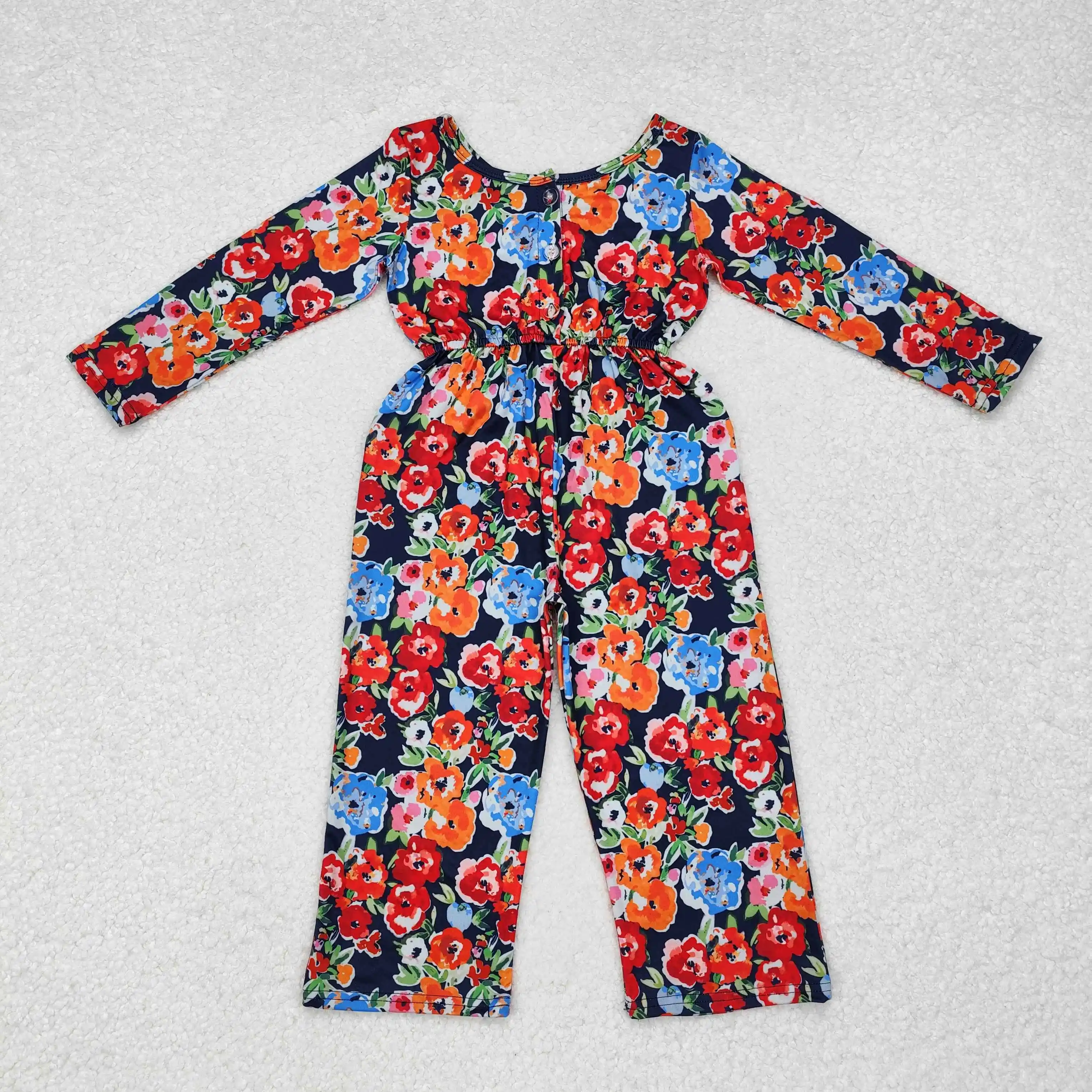 LR1836 Kids Girls Jumpsuits Long Sleeve Top Pocket red orange flowers blue Print Pocket With Jumpsuit Children Clothes  Rts